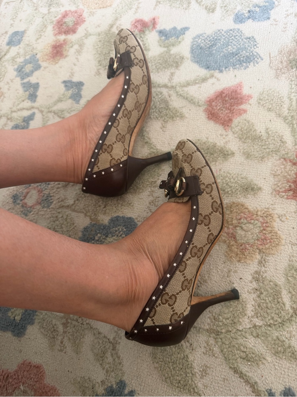 Gucci Brown GG Canvas Leather Trim Pointed Toe Flats with Gold Horsebit size 6 - Picture 4 of 8